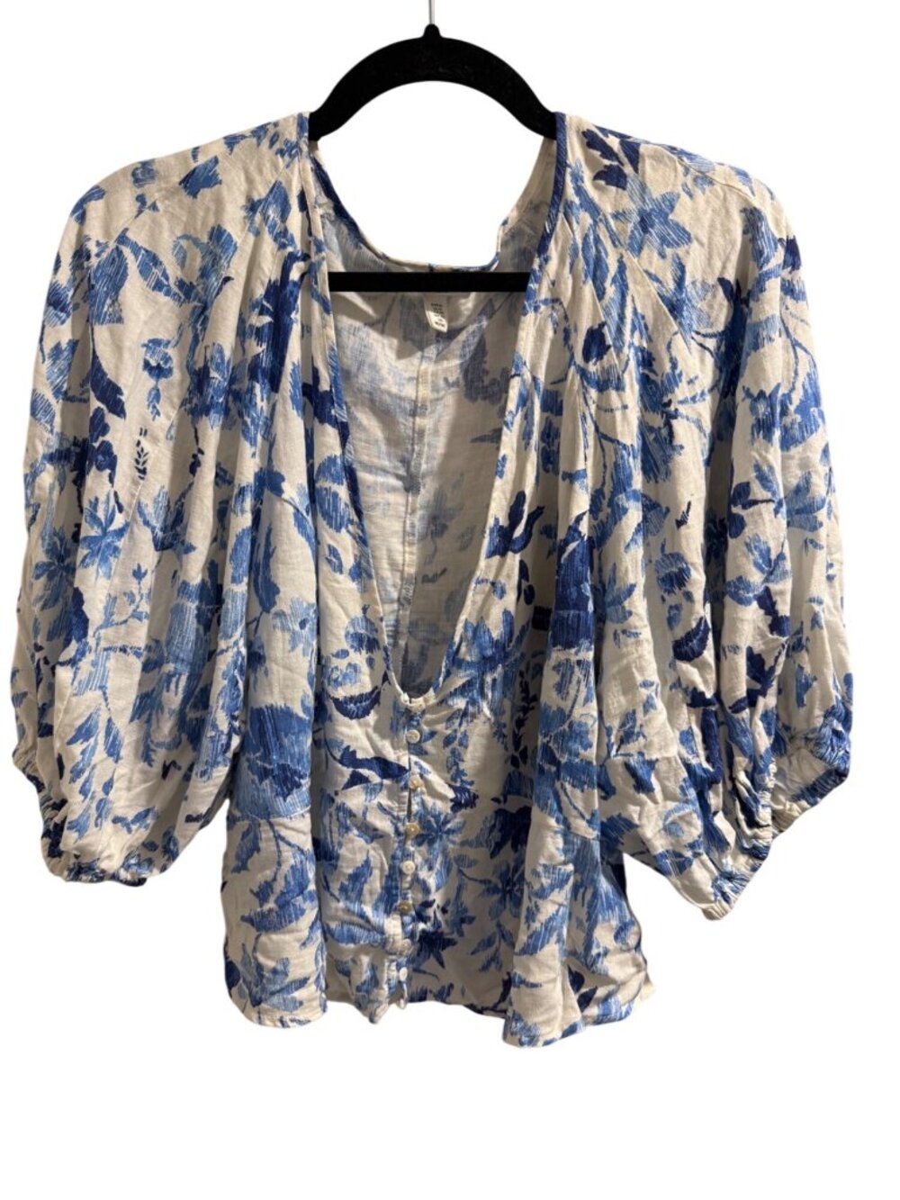 H&M Linen Blend Floral Blouse Blue & White Balloon Sleeves Button-Up Womens Size
